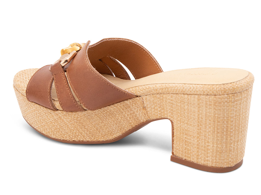 brown sandal with bamboo toggle buckle on a raffia wrapped platform and block heel - back angle view