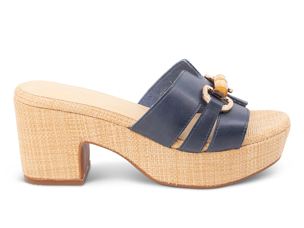 navy sandal with bamboo toggle buckle on a raffia wrapped platform and block heel - side view