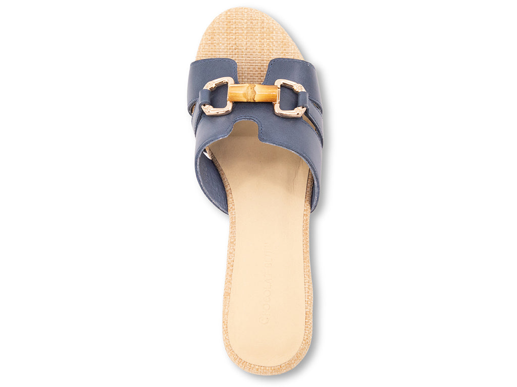 navy sandal with bamboo toggle buckle on a raffia wrapped platform and block heel - top view