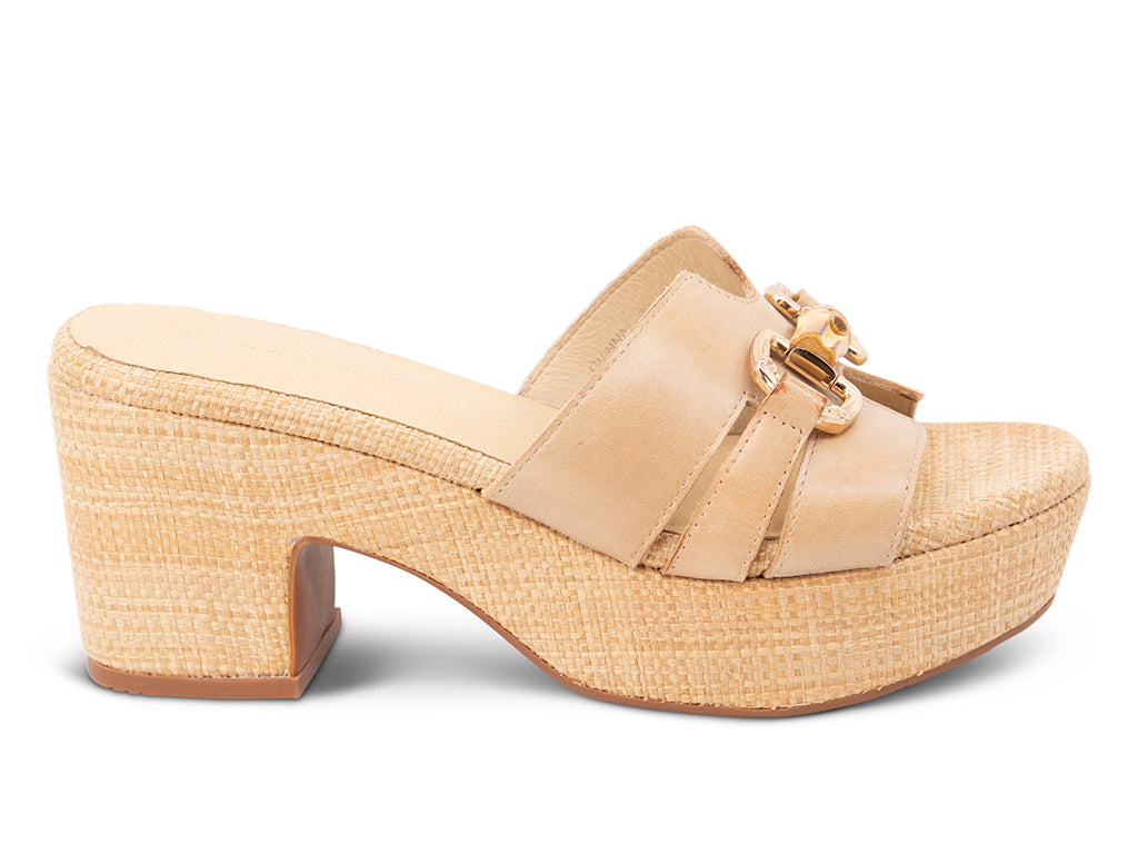 sand colored sandal with bamboo toggle buckle on a raffia wrapped platform and block heel - side view