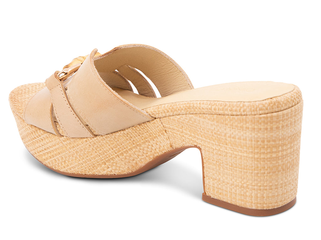 sand colored sandal with bamboo toggle buckle on a raffia wrapped platform and block heel - view from the back