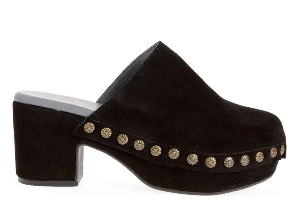 black suede clogs on a chunky platform with decorative metallic flower-shaped studs along the side - outer side view