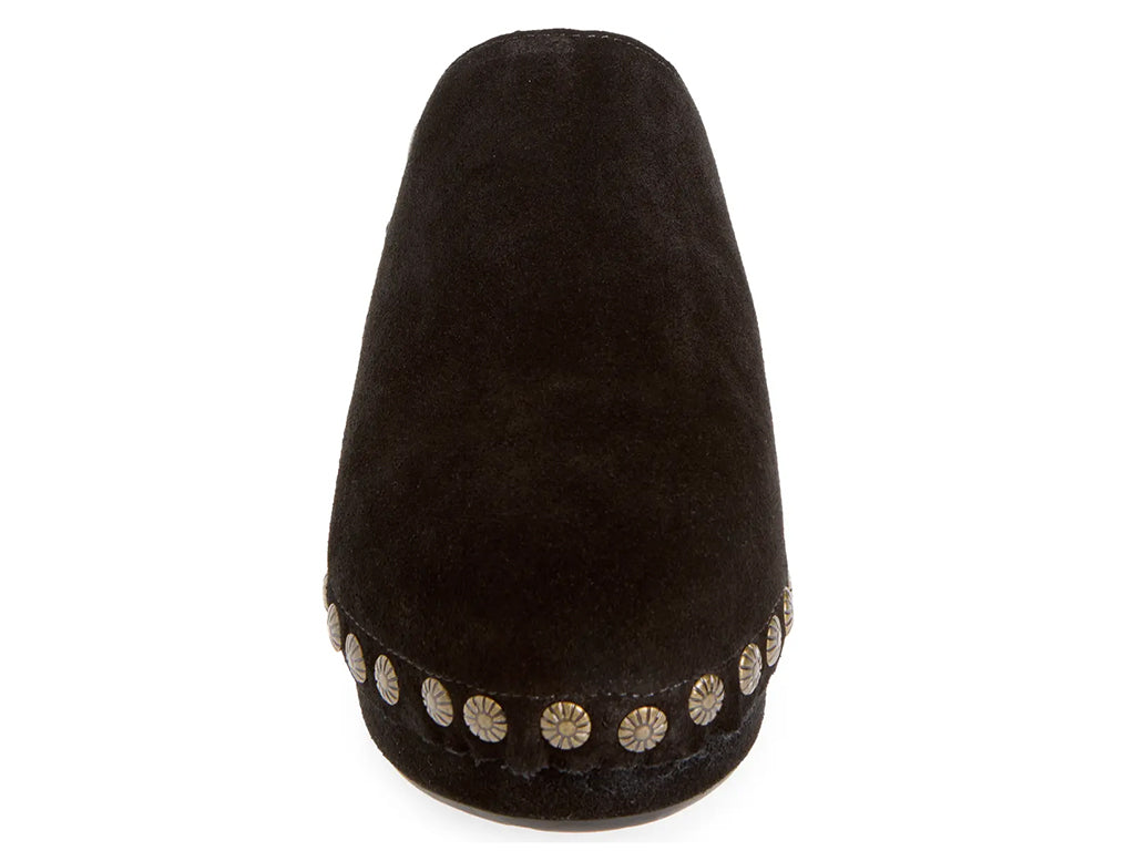 black suede clogs on a chunky platform with decorative metallic flower-shaped studs along the side - front view