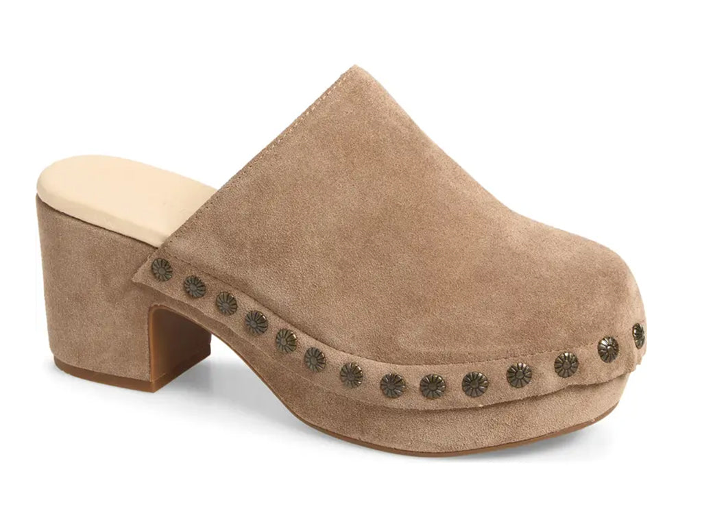 latte suede clogs on a chunky platform with decorative metallic flower-shaped studs along the side - 3/4 front view