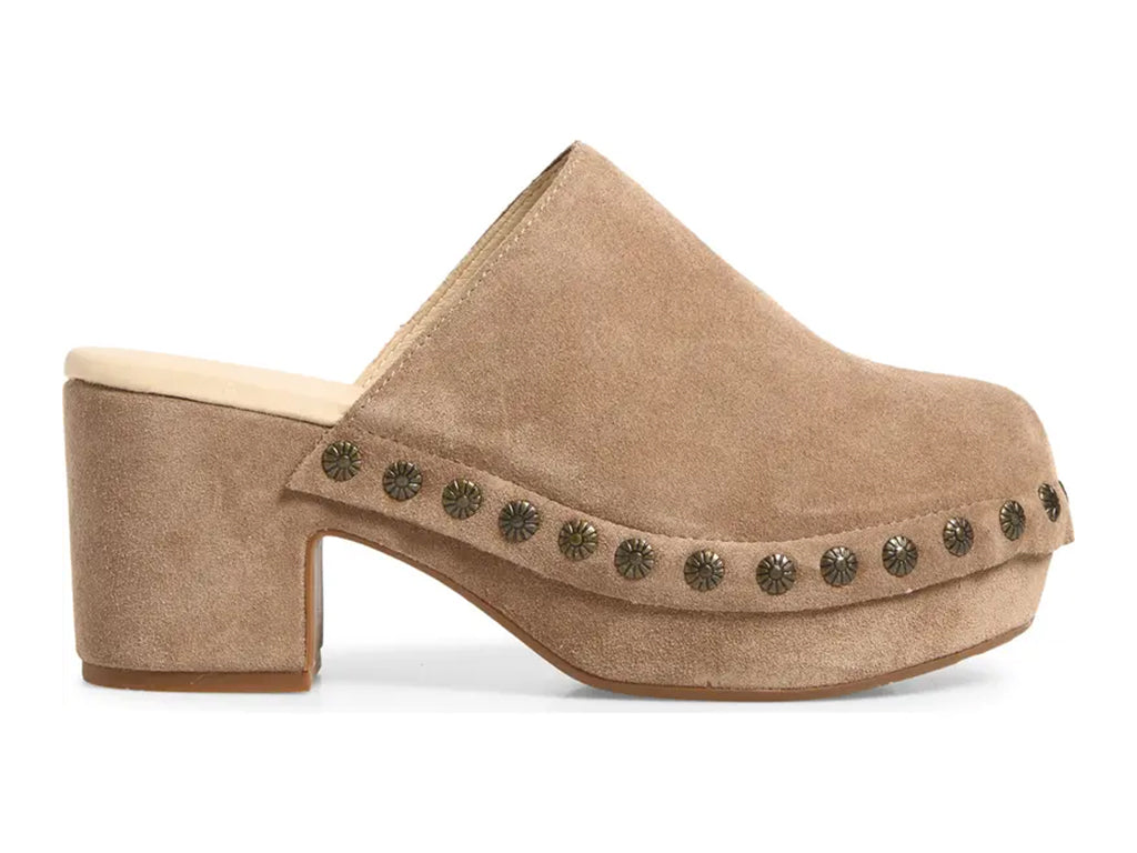 latte suede clogs on a chunky platform with decorative metallic flower-shaped studs along the side - outer side view