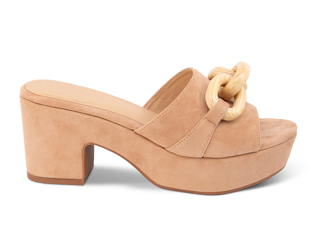 latte suede platform sandal with a wooden chain - side view