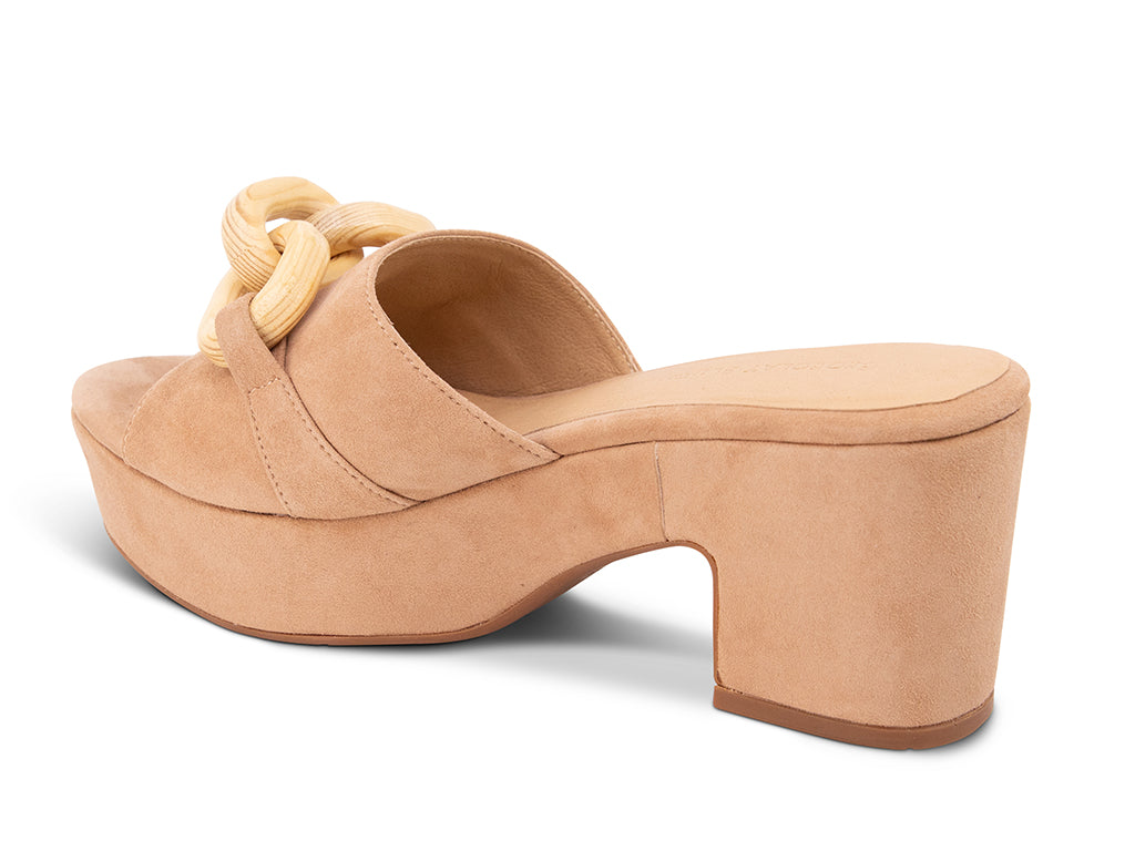 latte suede platform sandal with a wooden chain - view from the back
