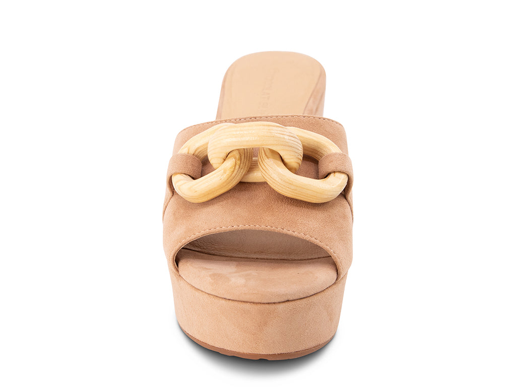 latte suede platform sandal with a wooden chain - view from the front of the shoe