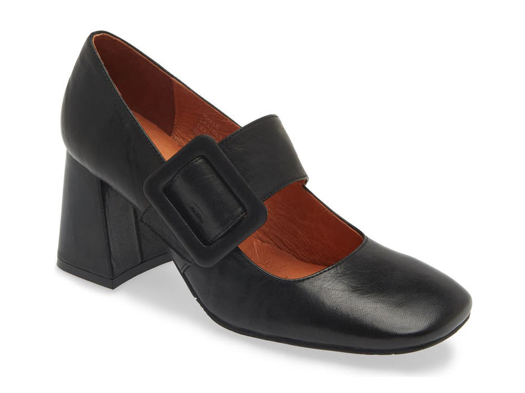 Black leather shoe with block heel and decorative buckle on strap kaying over instep on a white background side angle view