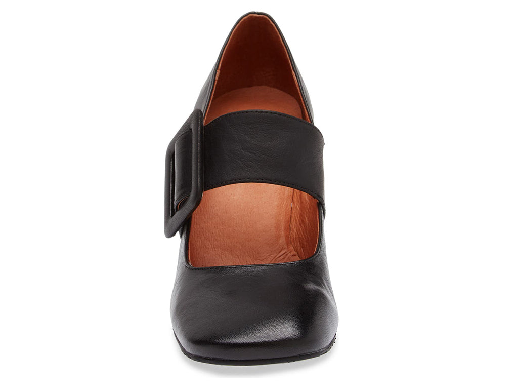 Black leather shoe with block heel and decorative buckle on strap kaying over instep on a white background front view