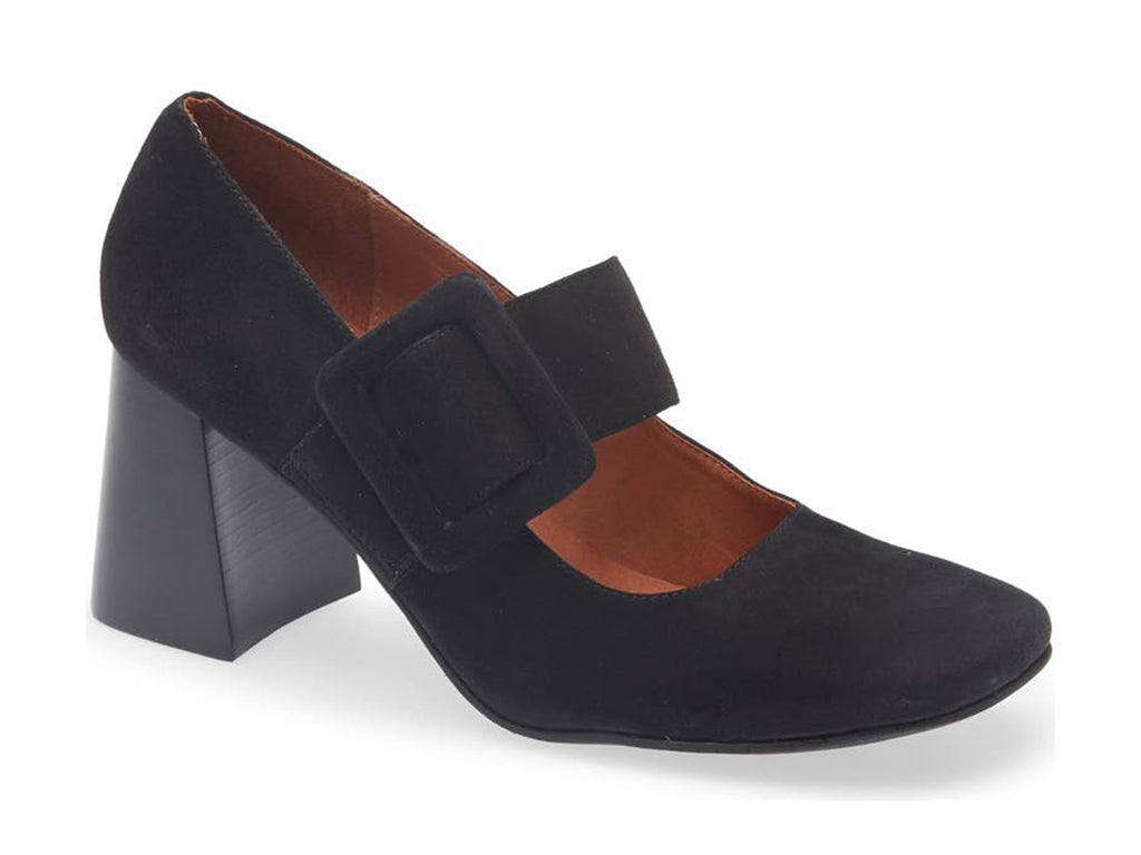 Black suede shoe with block heel and decorative buckle on strap kaying over instep on a white background side angle view