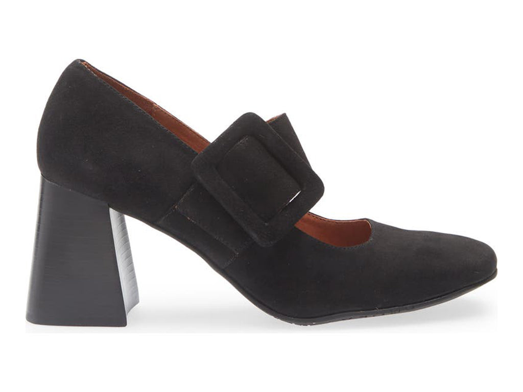 Black suede shoe with block heel and decorative buckle on strap kaying over instep on a white background side view
