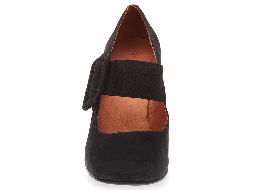 Black suede shoe with block heel and decorative buckle on strap kaying over instep on a white background front view