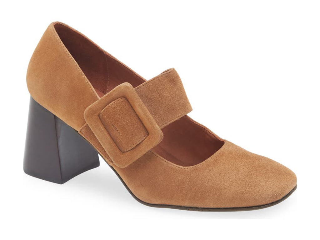 Tobacco suede shoe with block heel and decorative buckle on strap kaying over instep on a white background side angle view
