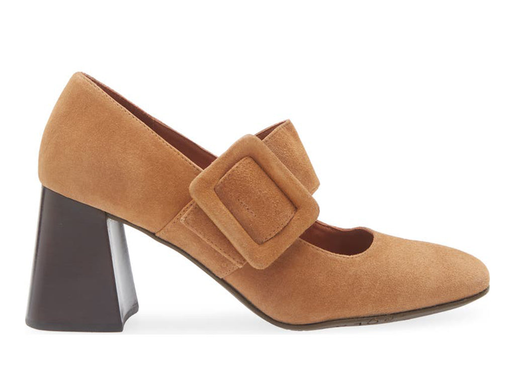 Tobacco suede shoe with block heel and decorative buckle on strap kaying over instep on a white background side view