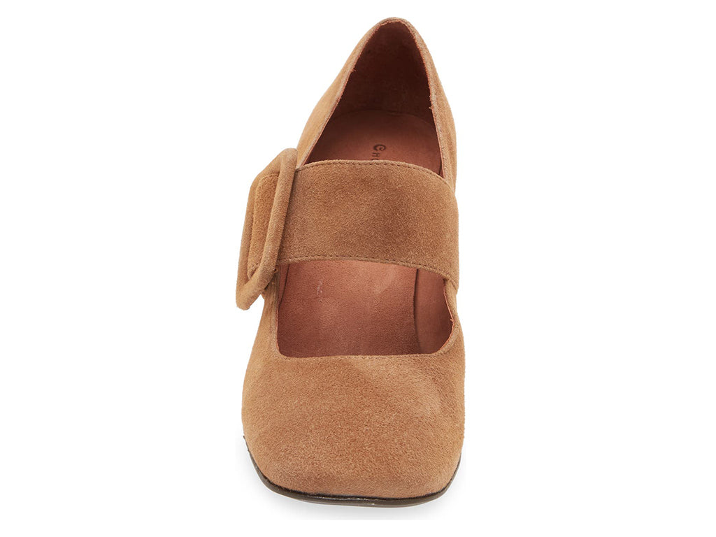 Tobacco suede shoe with block heel and decorative buckle on strap kaying over instep on a white background front view