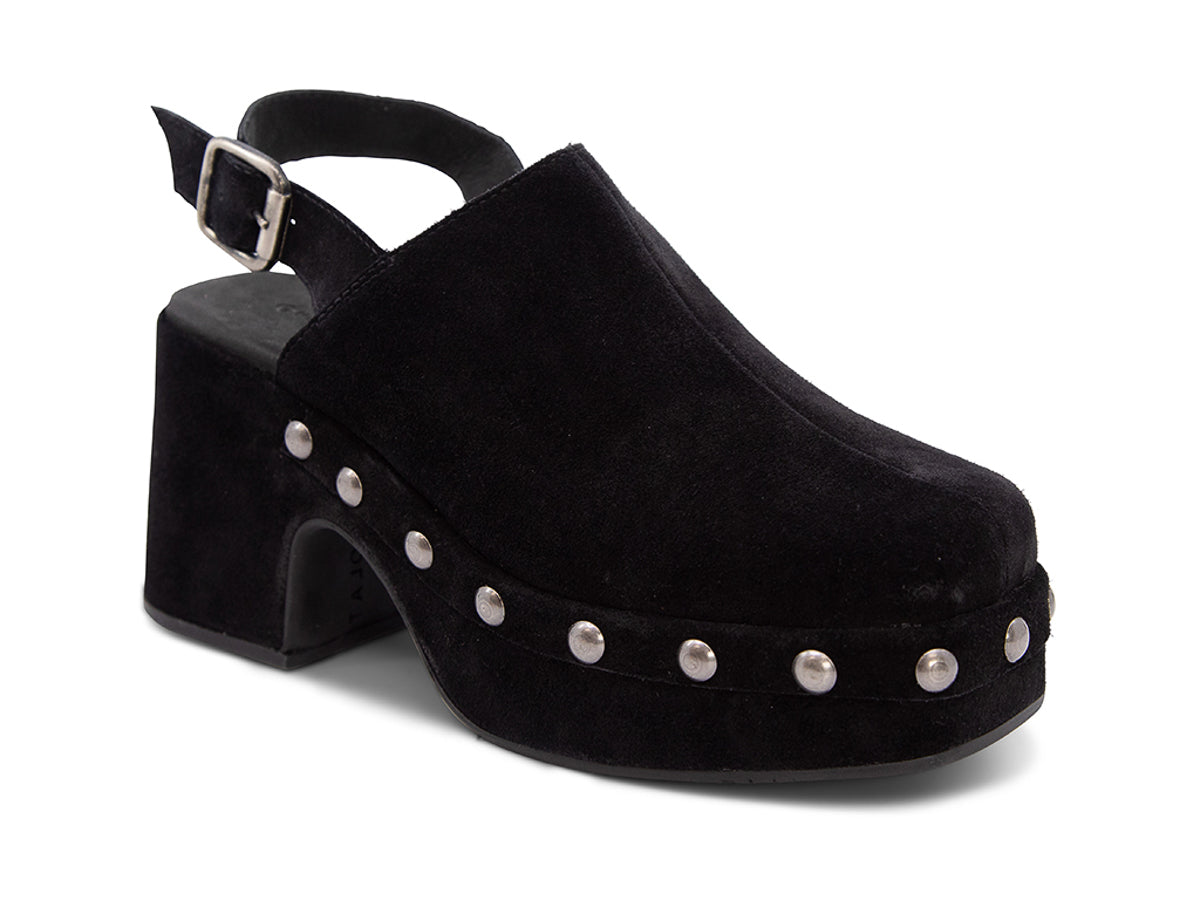 Black suede heeled clog platform shoe with gold studs and back ankle buckled strap on a white background side angle view
