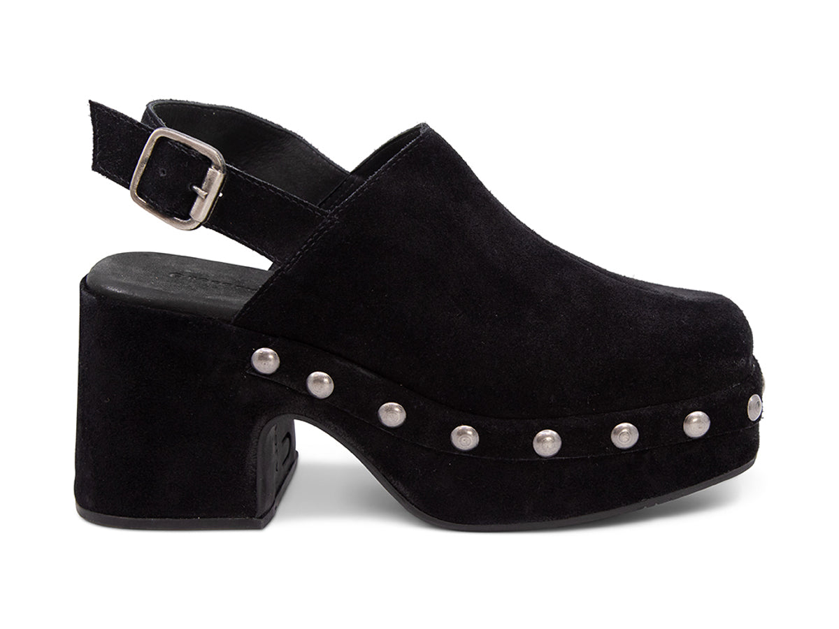 Black suede heeled clog platform shoe with gold studs and back ankle buckled strap on a white background side view