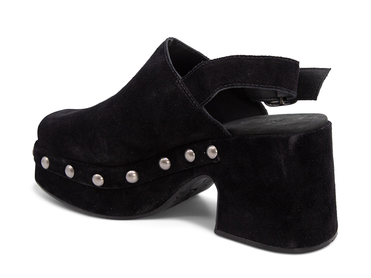 Black suede heeled clog platform shoe with gold studs and back ankle buckled strap on a white background side angle view