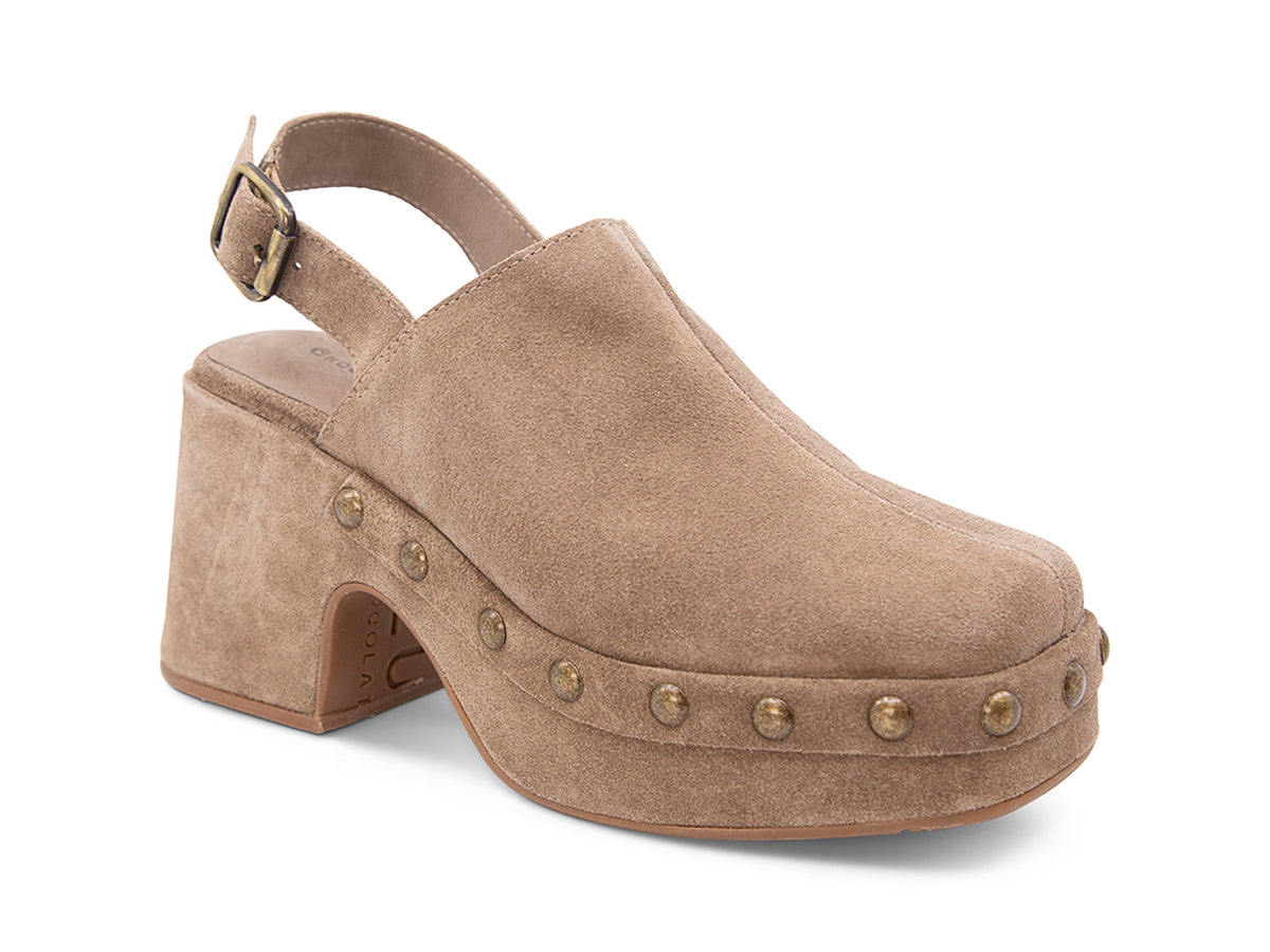 Toffee suede heeled clog platform shoe with gold studs and back ankle buckled strap on a white background side angle view