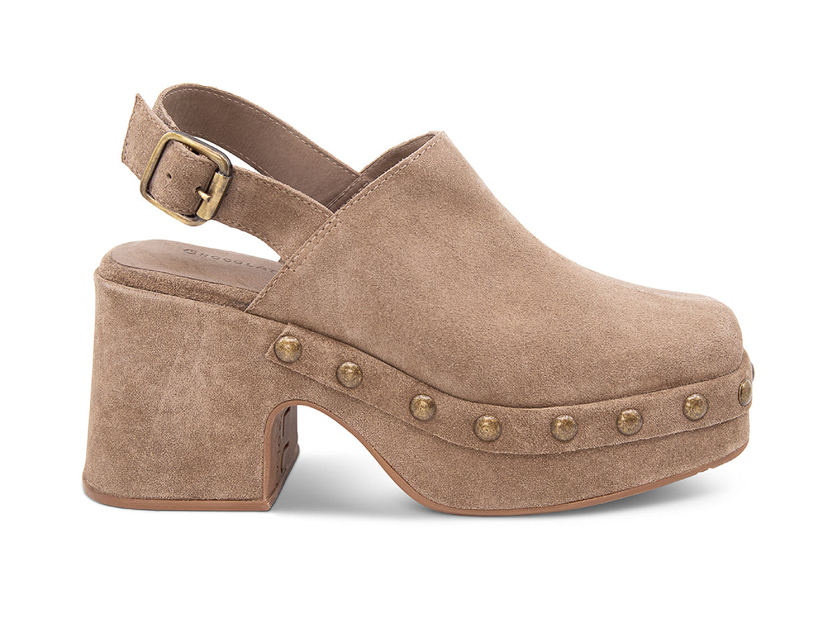 Toffee suede heeled clog platform shoe with gold studs and back ankle buckled strap on a white background side view