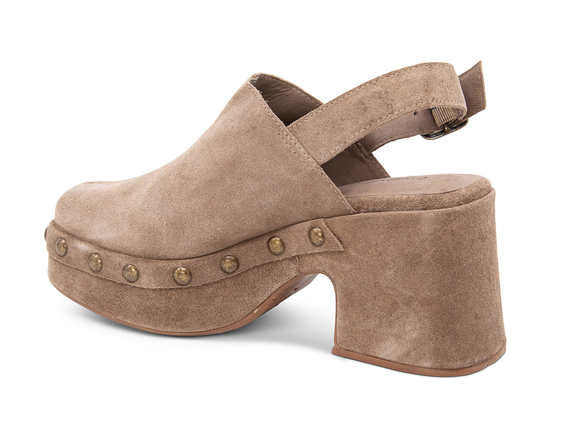 Toffee suede heeled clog platform shoe with gold studs and back ankle buckled strap on a white background side angle view