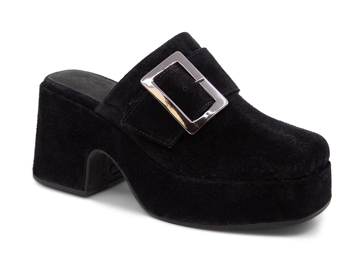 Black suede platform slide in block heeled clog with gold buckle on a white background side angle view