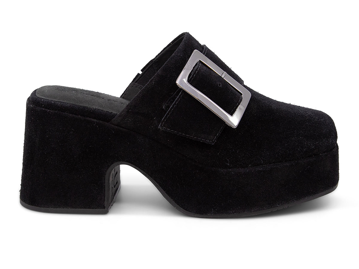 Black suede platform slide in block heeled clog with gold buckle on a white background side view
