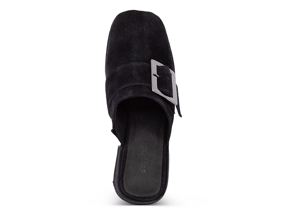 Black suede platform slide in block heeled clog with gold buckle on a white background top view