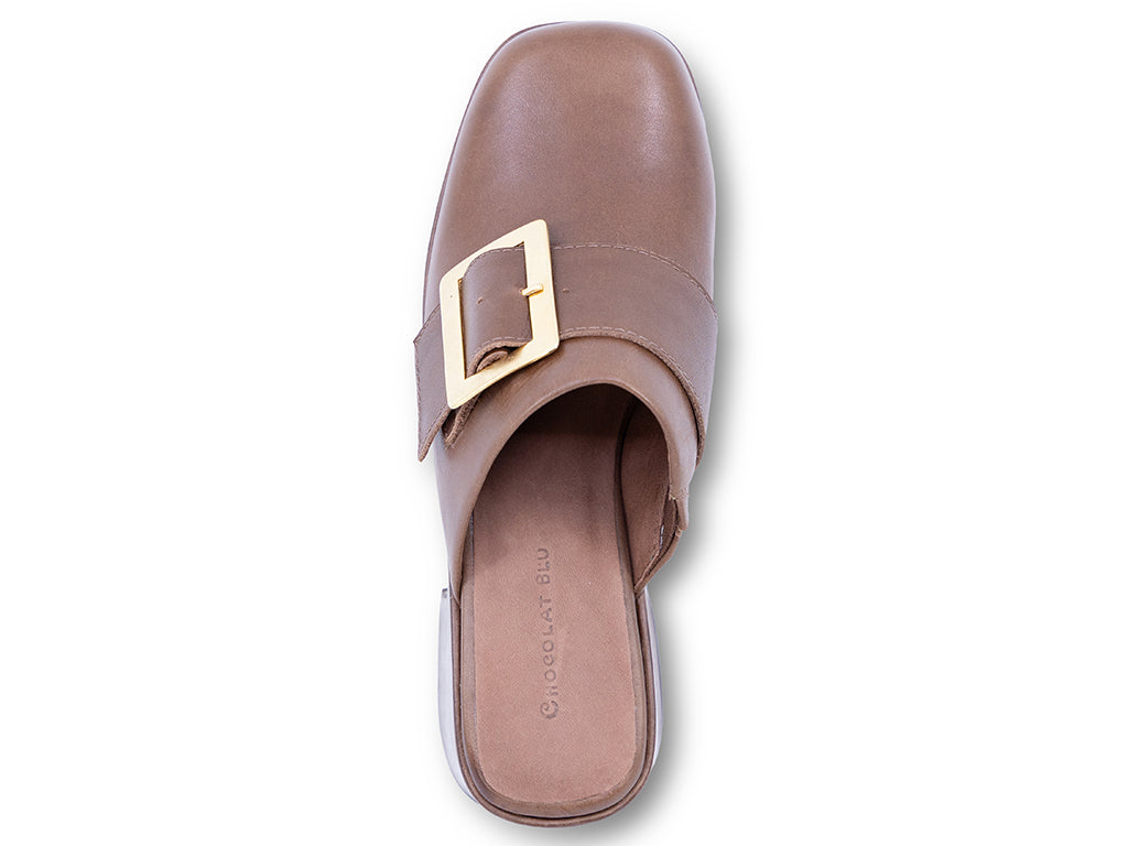 A brown leather platform clog shoe with a chunky block heel and a large gold-tone rectangular buckle - top view