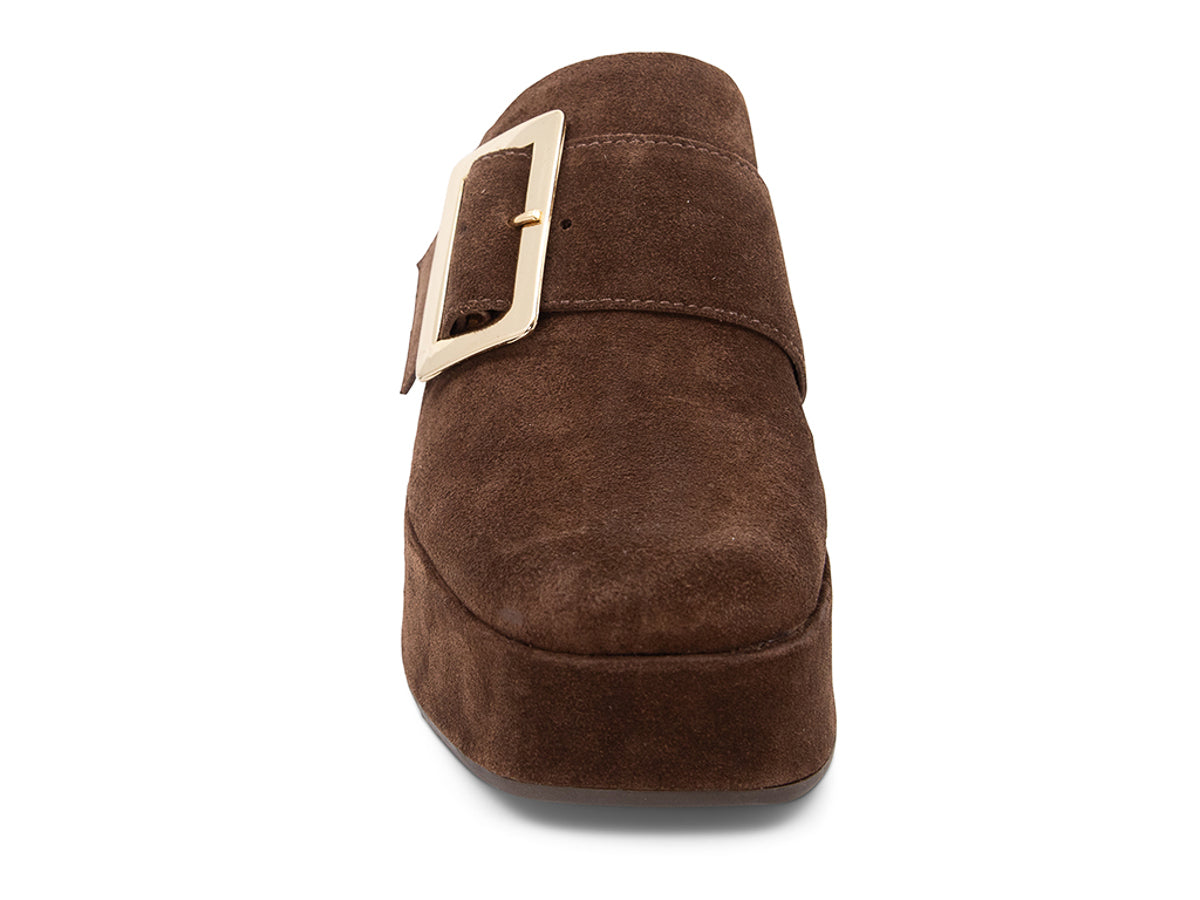 Brown suede platform slide in block heeled clog with gold buckle on a white background front  view