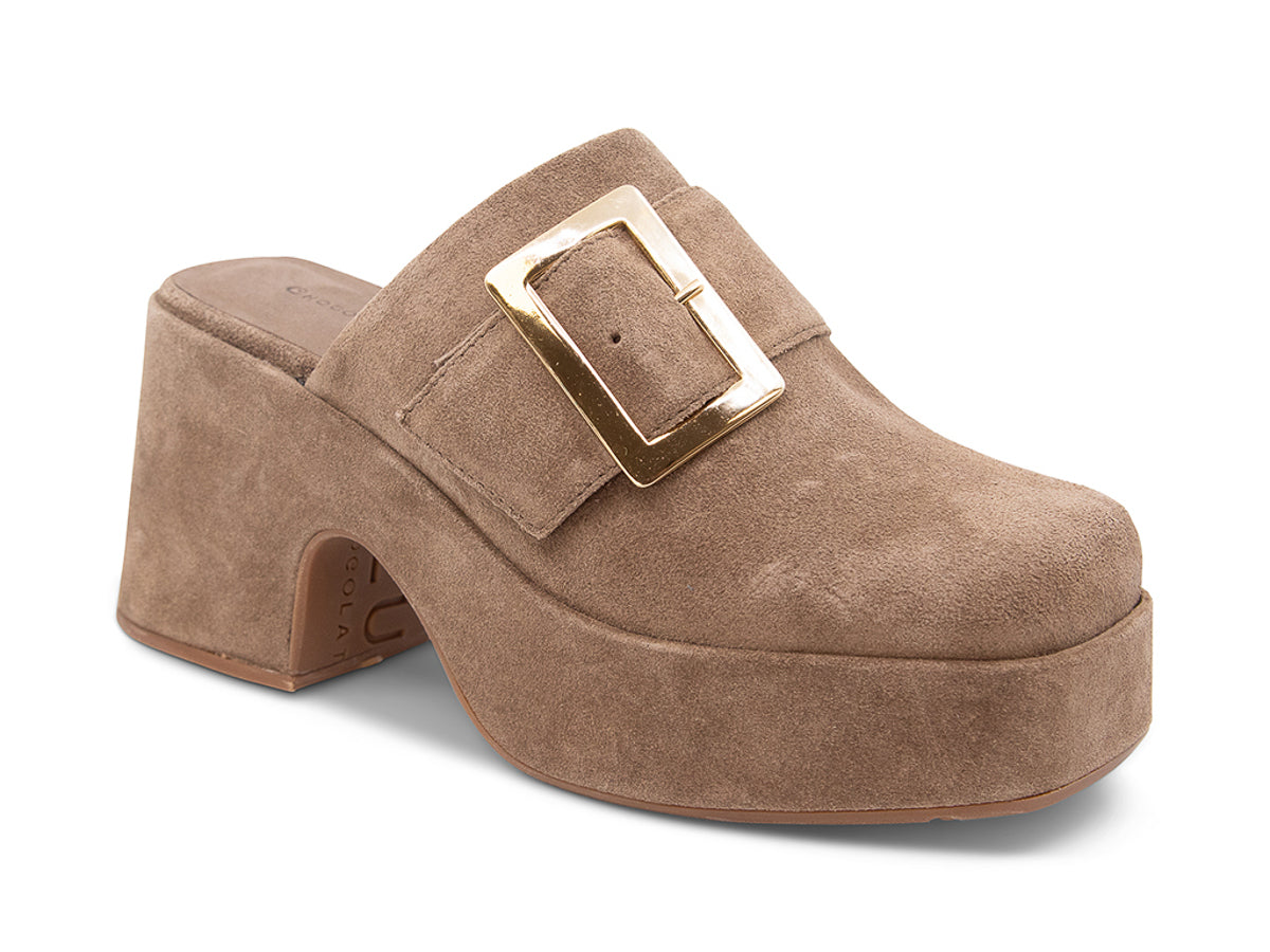 Toffee (light brown) suede platform slide in block heeled clog with gold buckle on a white background side angle view