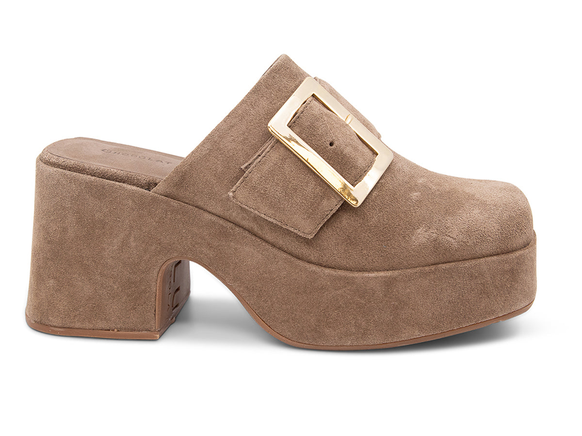 Toffee (light brown) suede platform slide in block heeled clog with gold buckle on a white background side view