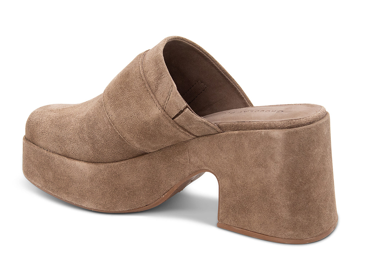 Toffee (light brown) suede platform slide in block heeled clog with gold buckle on a white background side angle view