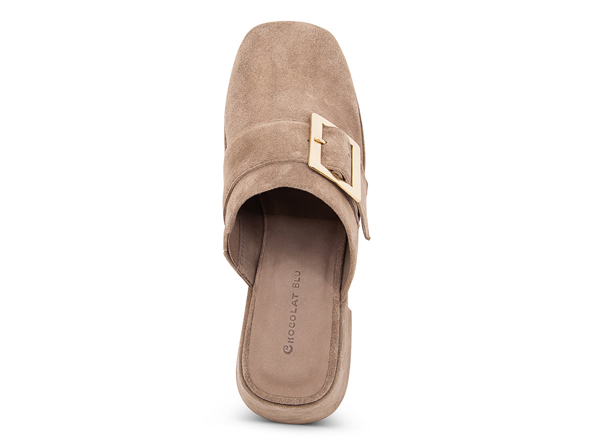 Toffee (light brown) suede platform slide in block heeled clog with gold buckle on a white background top view