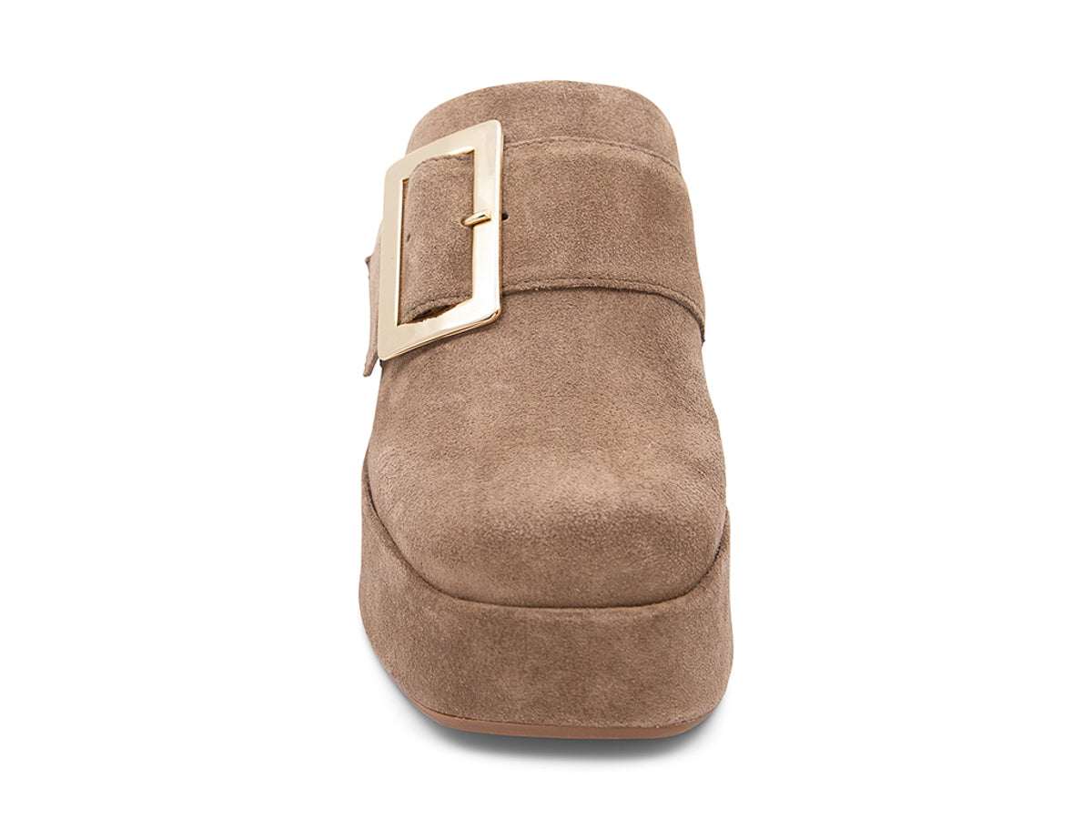 Toffee (light brown) suede platform slide in block heeled clog with gold buckle on a white background front view