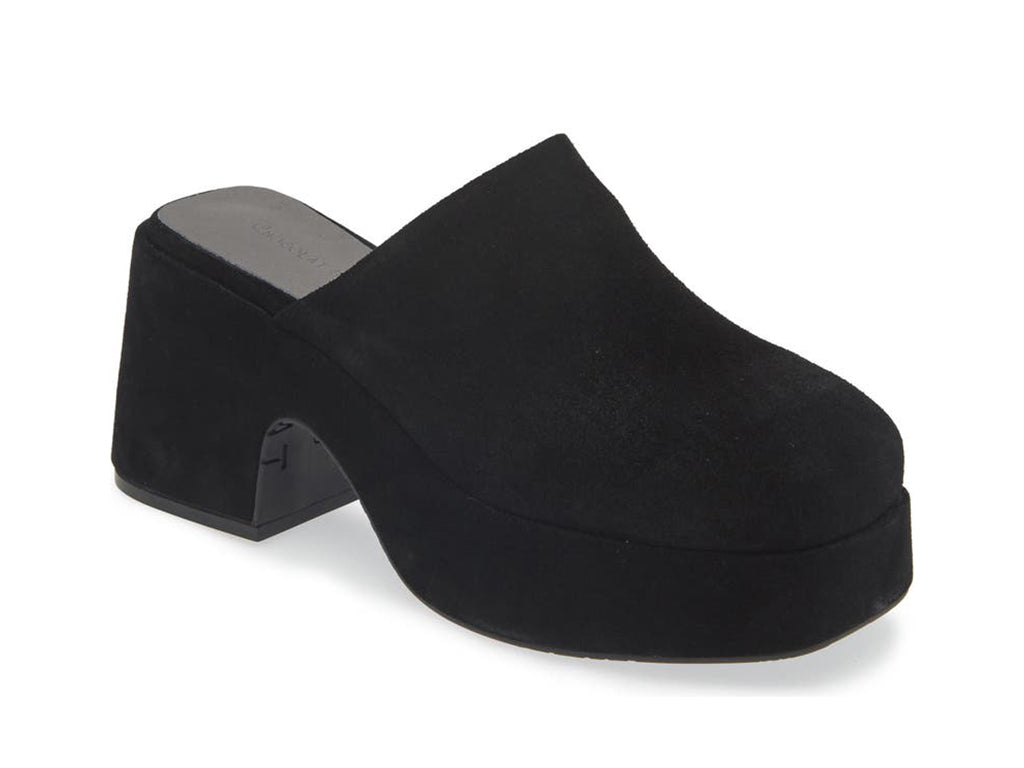 Black slide-in platform heeled clog shoe on a white background side angle view