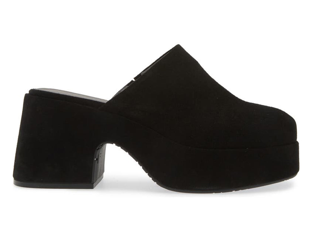Black slide-in platform heeled clog shoe on a white background side view