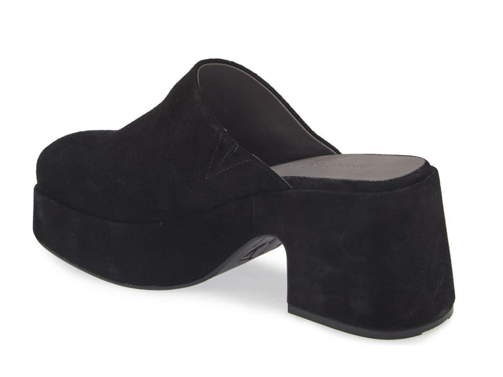 Black slide-in platform heeled clog shoe on a white background side angle view