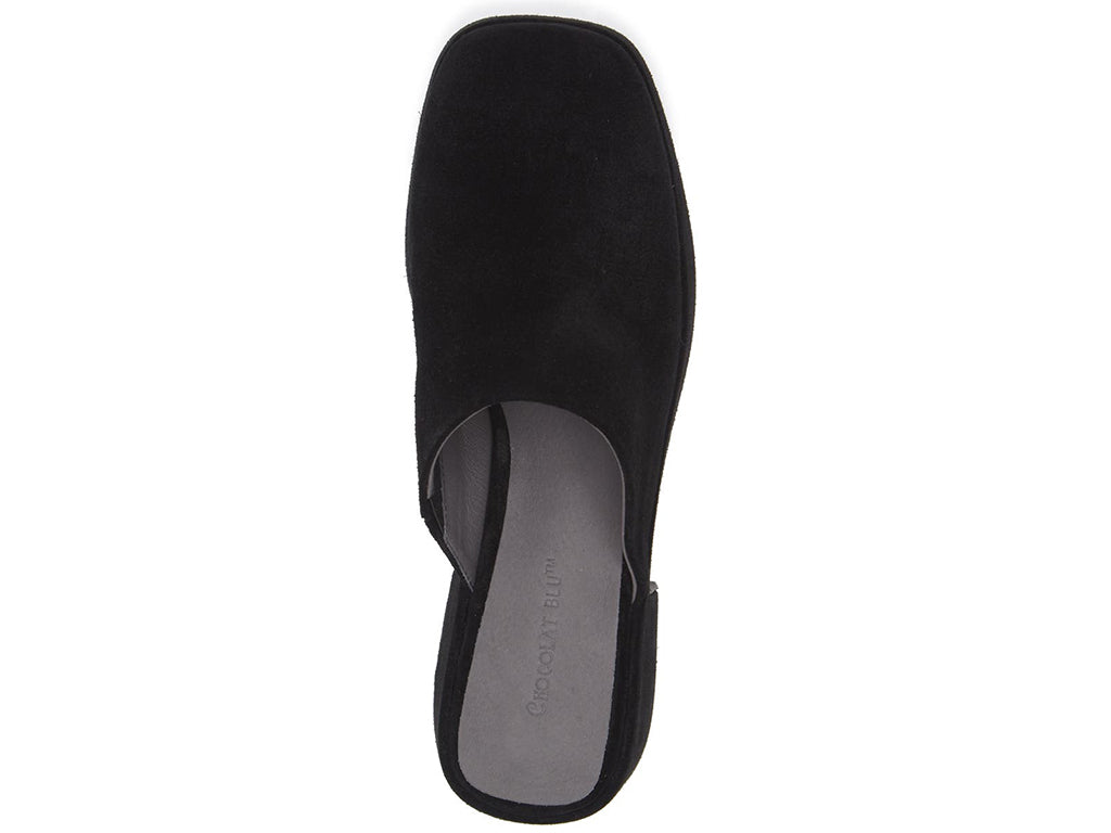 Black slide-in platform heeled clog shoe on a white background top view
