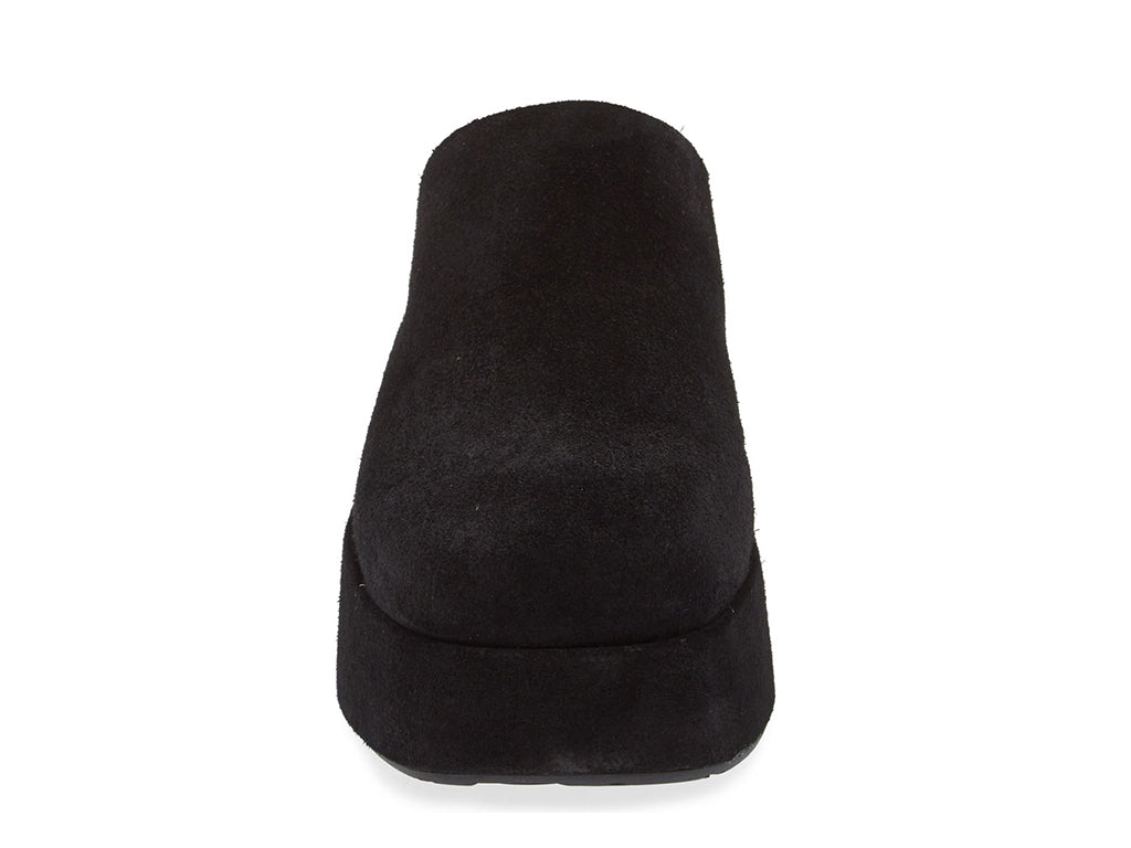 Black slide-in platform heeled clog shoe on a white background front view