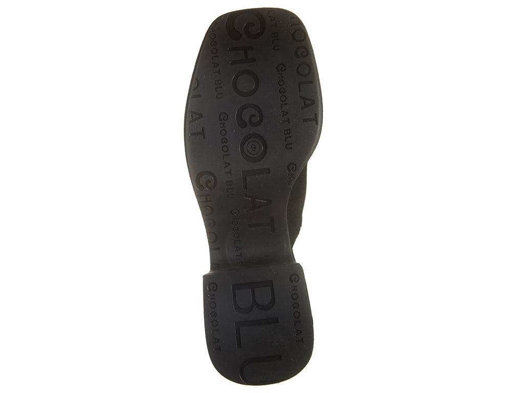 Black slide-in platform heeled clog shoe on a white background bottom sole view