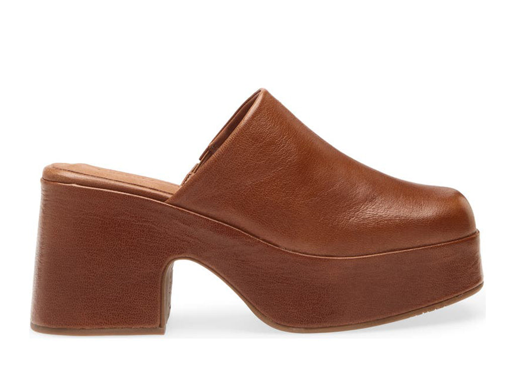 Brown leather platform clog slide in shoe on a white background side view