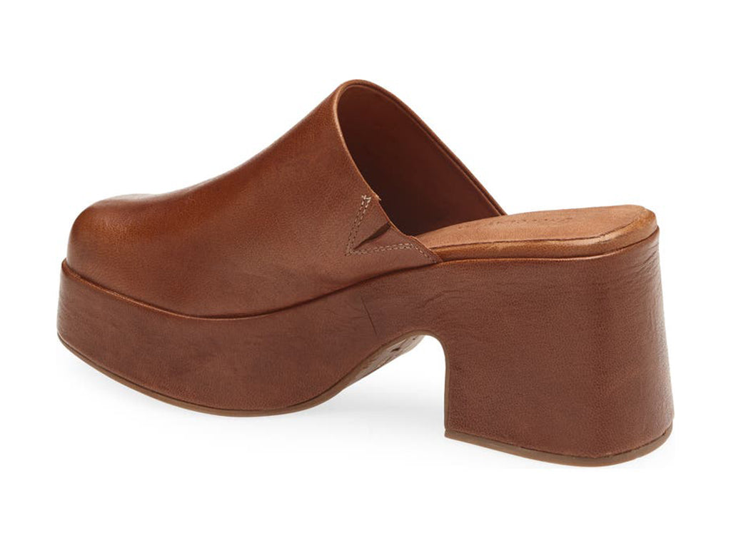 Brown leather platform clog slide in shoe on a white background side angle view