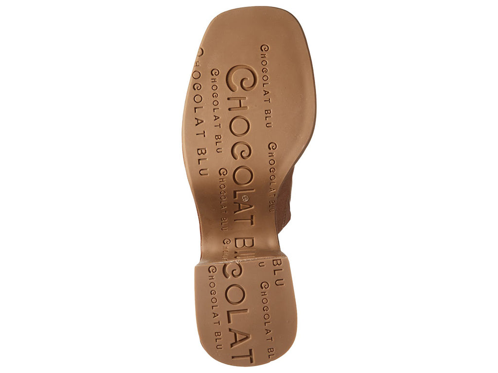 Brown leather platform clog slide in shoe on a white background bottom sole view