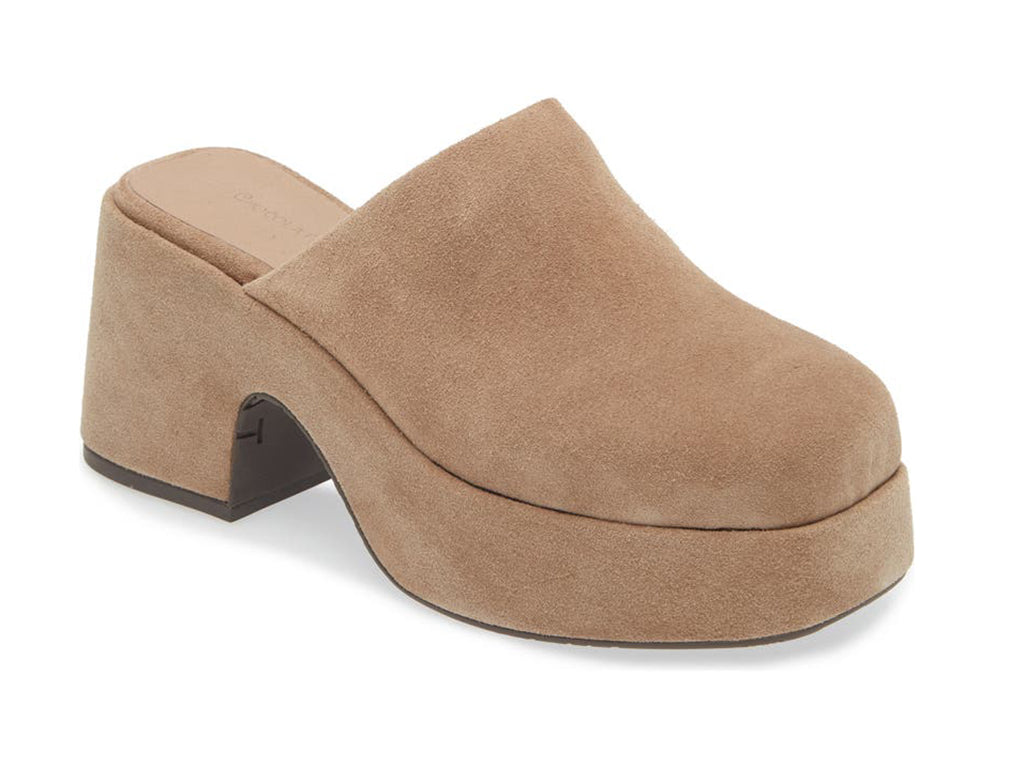 Latte (light brown) slide-in platform heeled clog shoe on a white background side angle view