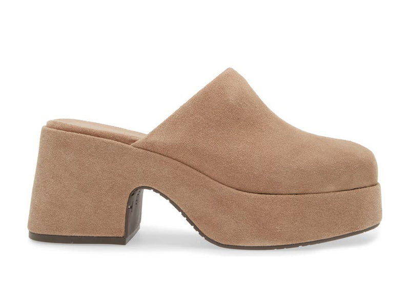 Latte (light brown) slide-in platform heeled clog shoe on a white background side view