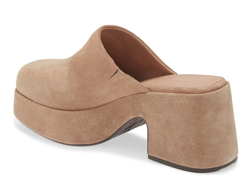 Latte (light brown) slide-in platform heeled clog shoe on a white background side angle view