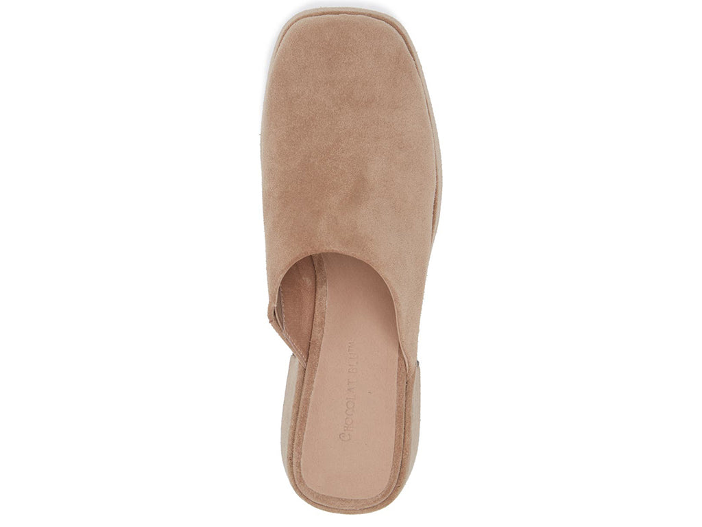 Latte (light brown) slide-in platform heeled clog shoe on a white background top view