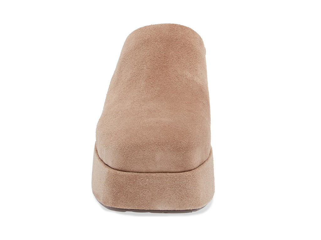 Latte (light brown) slide-in platform heeled clog shoe on a white background front view
